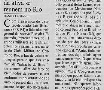 Matéria do JB de 21 de agosto de 1993 com a fala de Bolsonaro sobre o voto impresso | Foto: Reprodução/Biblioteca Nacional