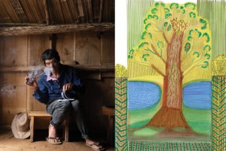 O autor, José Verá, e os desenhos que revelam a espiritualidade do povo mbya-guarani. Foto: Sérgio Guidoux. Montagem: Sul21