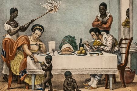 Uma família brasileira do século XIX sendo servida por escravos (Pintura de Jean-Baptiste Debret, 1830)