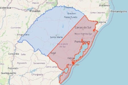 Faixa vermelha no mapa do RS marca a região que deve ser a mais atingida pelo ciclone. Foto: Reprodução/Defesa Civil