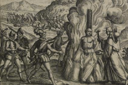 Gravura de Theodor de Bray. Fonte: Bartolomé de las Casas. 1598. Brevísima relación de la destrucción de las Indias. (Reprodução)