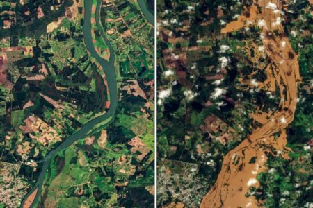 Por meio das fotos geradas diariamente, é possível mapear alagamentos em áreas rurais e urbanas. Foto: Planet/SCCON do Programa Brasil Mais/Divulgação