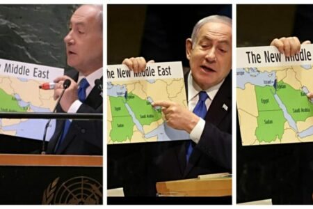 Em setembro, Netanyahu exibiu na ONU o mapa do Oriente Médio sem os territórios palestinos. Foto: Reprodução