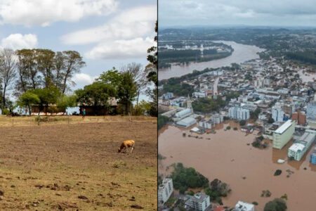 Estiagem e enchente marcaram os eventos climáticos extremos do RS em 2023. Fotos: Fabio Pozzebon/Agência Brasil e Maurício Tonetto/Secom